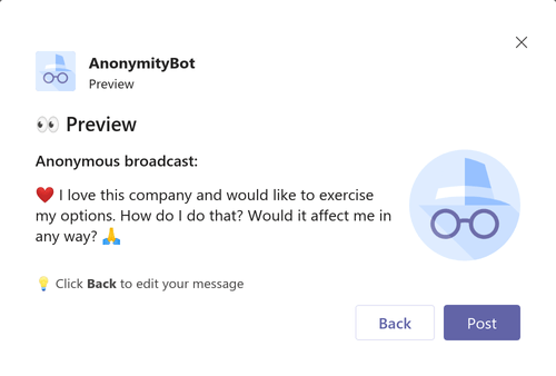 Anonymous Bot Message Preview in Microsoft Teams